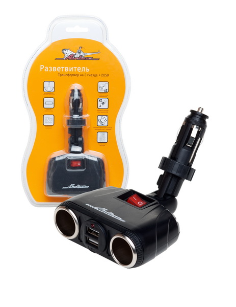 Купить запчасть Airline - ASP-2TU-08 Прикуриватель-разветвитель на 2 гнезда + USB (трансформер) ASP-2TU-08