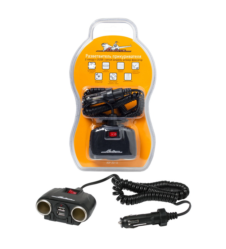 Купить запчасть Airline - ASP-2U-11 Прикуриватель-разветвитель 2 гнезда + 2USB с витым шнуром, штекер-фиксатор ASP-2U-11